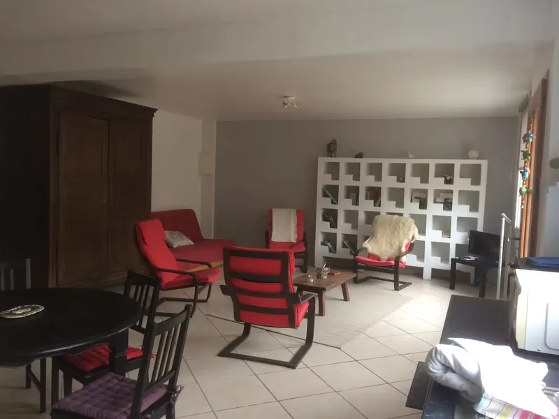 The red armchairs in the living room
